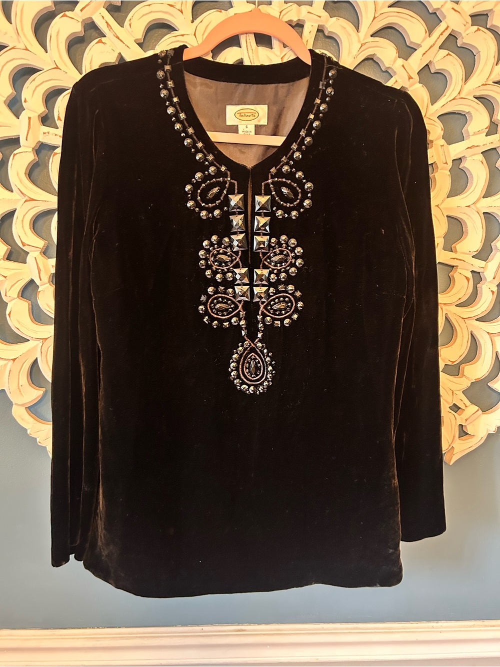 Talbots Black Velvet Long-Sleeve Embellished Top
